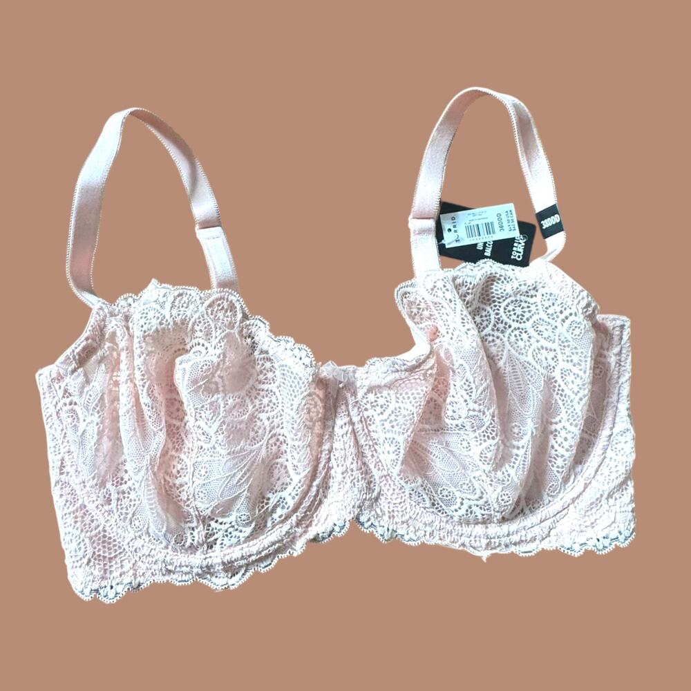 Torrid Curve Unlined Balconette Bra Pink Lotus Lace Underwire Sexy 38 DDD NEW